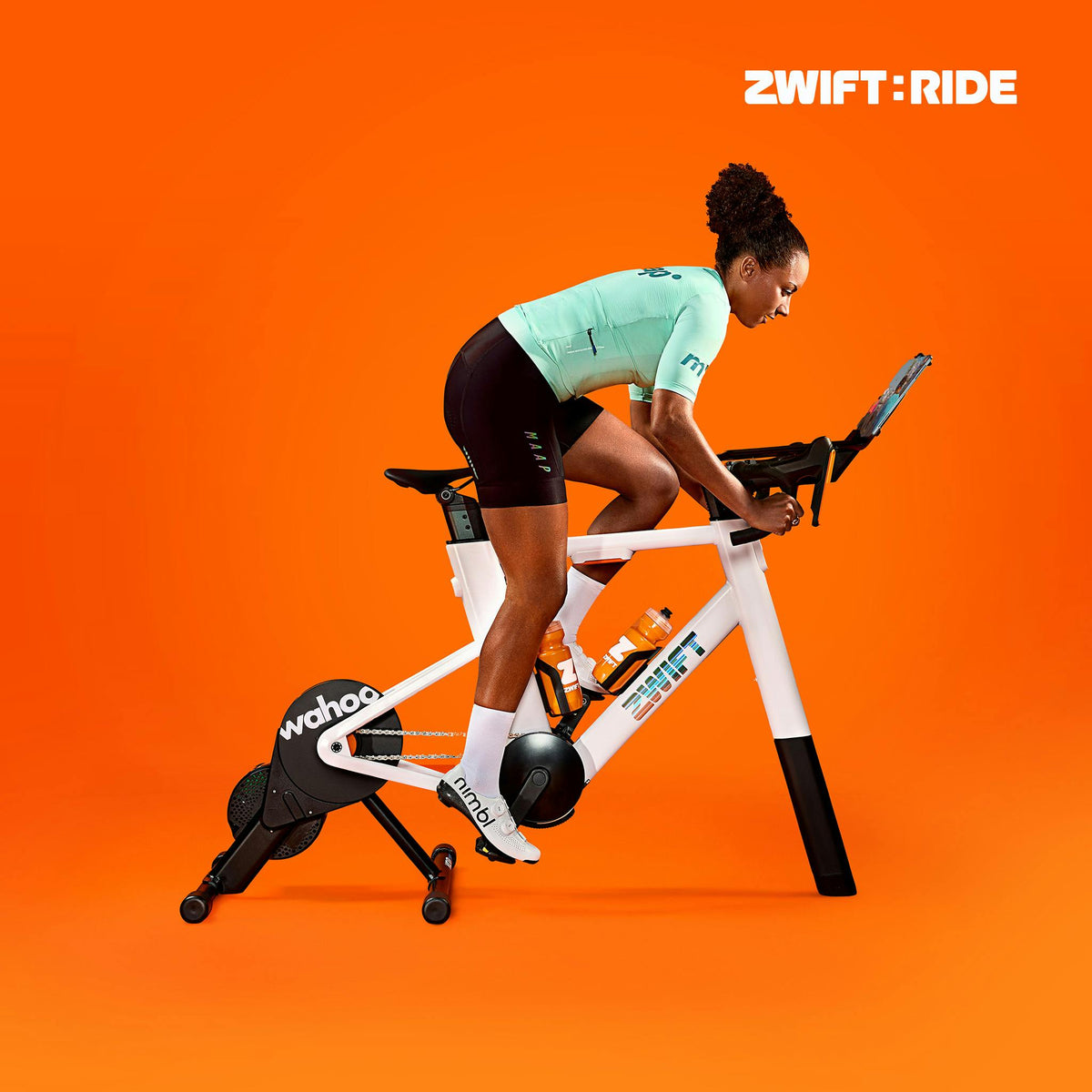 Zwift Ride frame paired with the Wahoo KICKR CORE 2 direct-drive smart trainer
