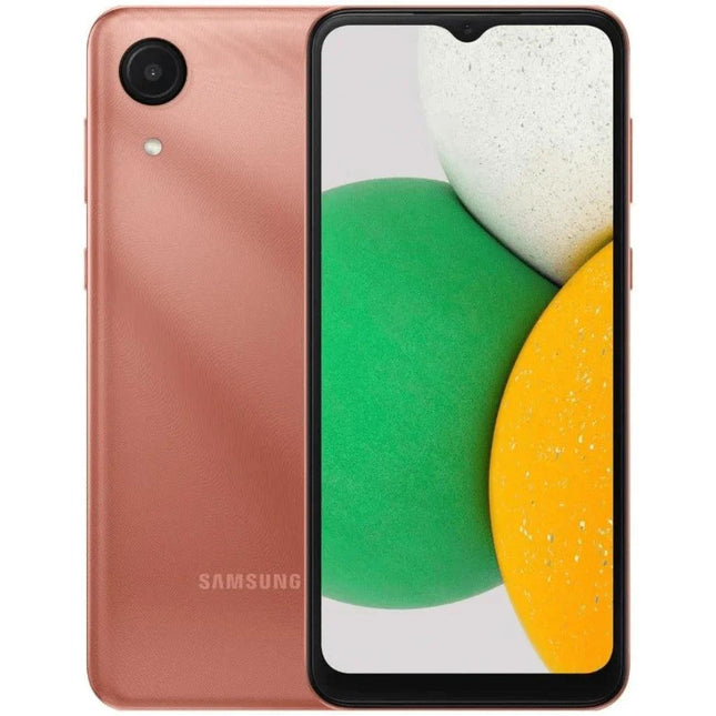 Gecombineerde voor- en achterkant weergave Samsung Galaxy A03 Core - 2GB/32GB - Brons, toont uitgebreide functies en intuïtieve bediening.